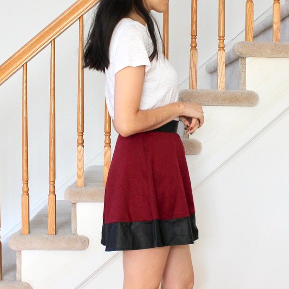 Charlotte Russe Maroon and Black Pleather A-line Skirt - Picture 3 of 5